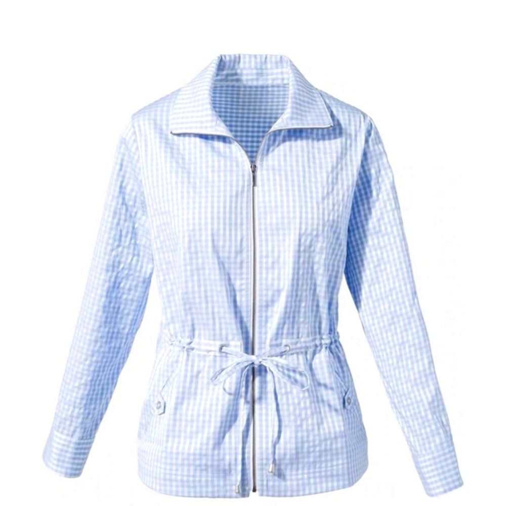 Adorable Chico's blue and white checked jacket.